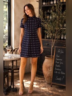 BCBGeneration Navy Dot Mock Neck A-Line Mini Dress XS